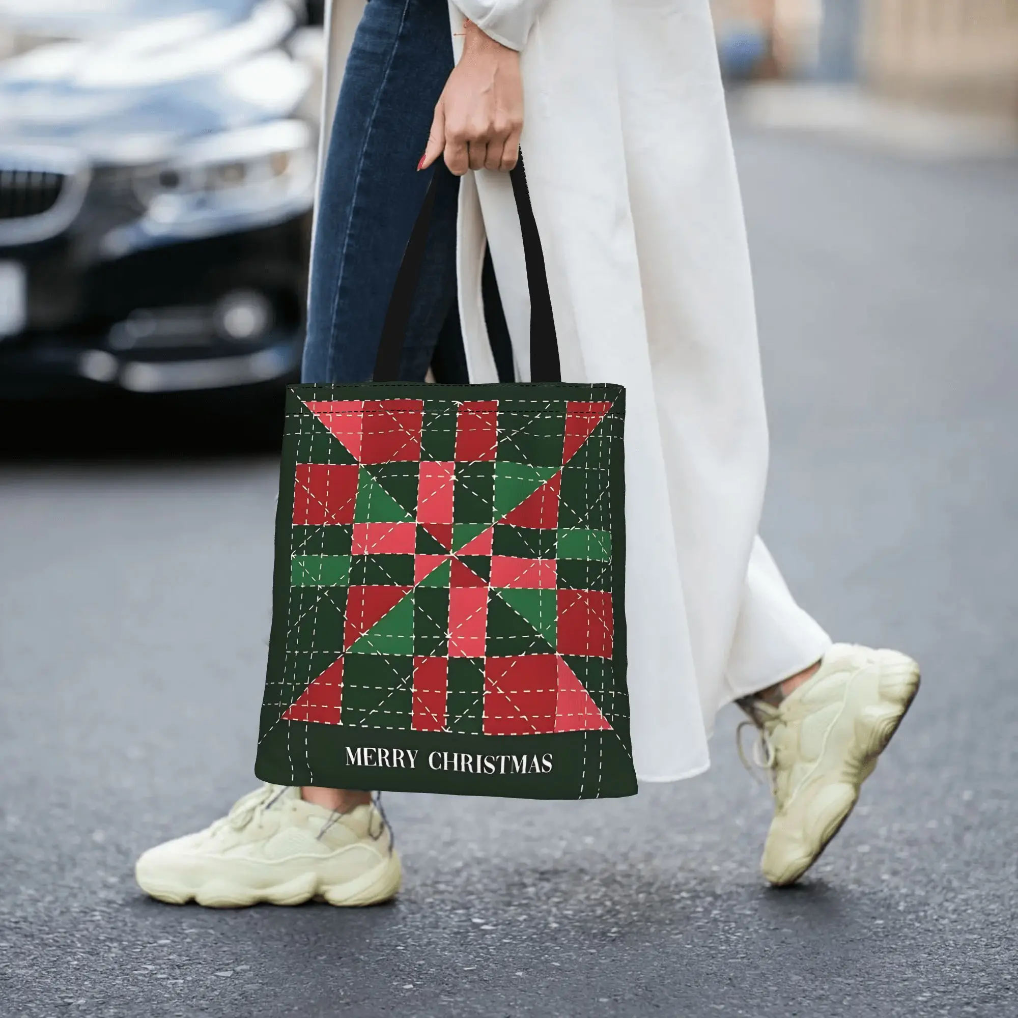 Customized Merry Christmas Women's Bag Shopping Bag Reusable Double Sided Canvas Tote Bag Shoulder  Handbag