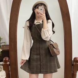 Cute Mini New Year Date Dresses Sleeveless Vest Women Korea Japanese Style Design Retro Vintage Plaid Button Shirt Dress 11021