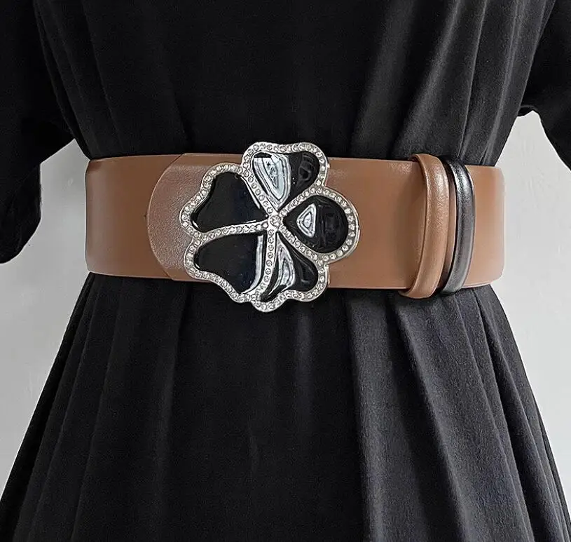 Women's Fashion Flower Buckle Genuine Leather Cummerbunds Female Dress Corsets Waistband Belts Decoration Wide Belt TB1256