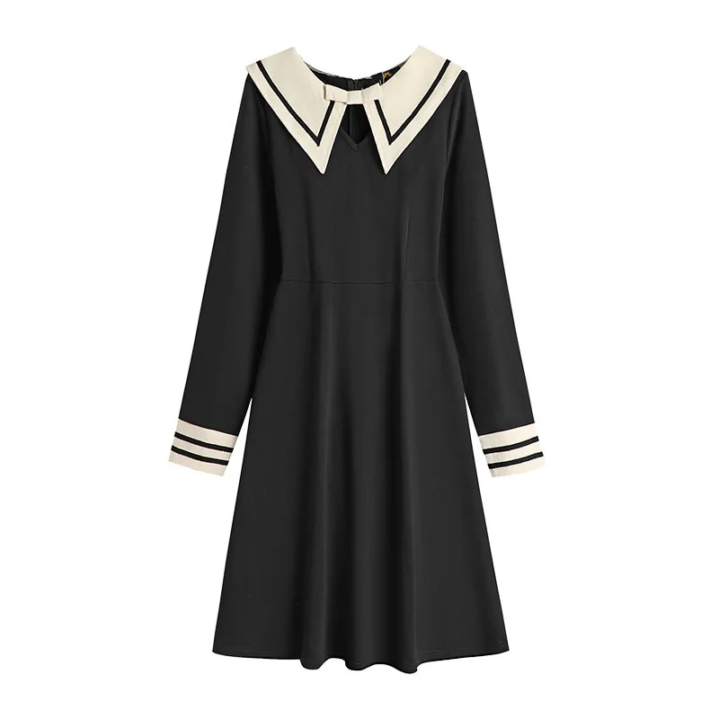 150Kg Plus Size Women's Bust 149 Autumn Winter Loose Fleece College Style Navy Neck Dress Black 5XL 6XL 7XL 8XL 9XL