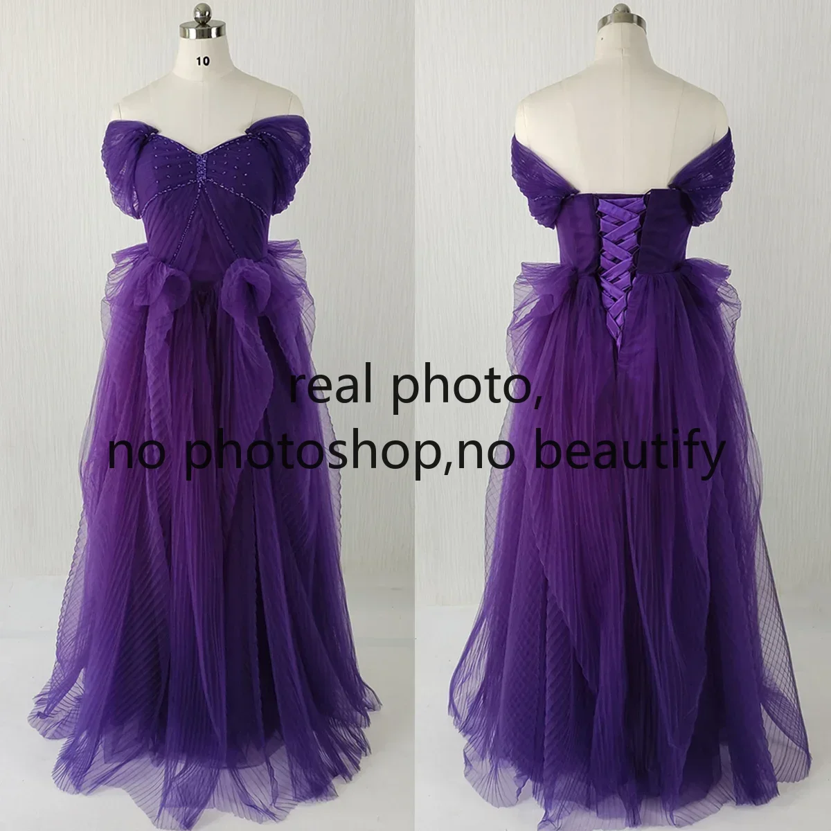 

Customized Real Photo Evening Dress Purple Tulle Off the Shoulder Beads A-line Floor Length Plus size Women Party Formal Gowns