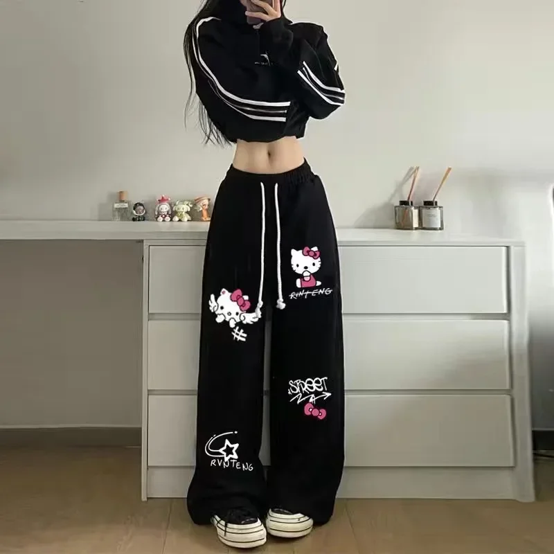 Nero americano retrò Hello Kitty stampato Graffiti pantaloni sportivi casual pantaloni sportivi Hip Hop a gamba larga streetwear donna estate novità