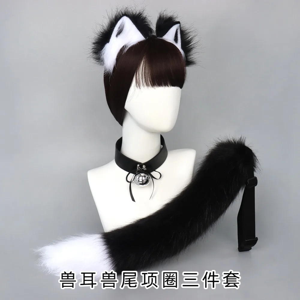 3Pcs/set Furry Anime Dog Ear Headband Plush Animal Tail Cartoon Comic-Con Cosplay Costume Accessories Leather Choker with Bell