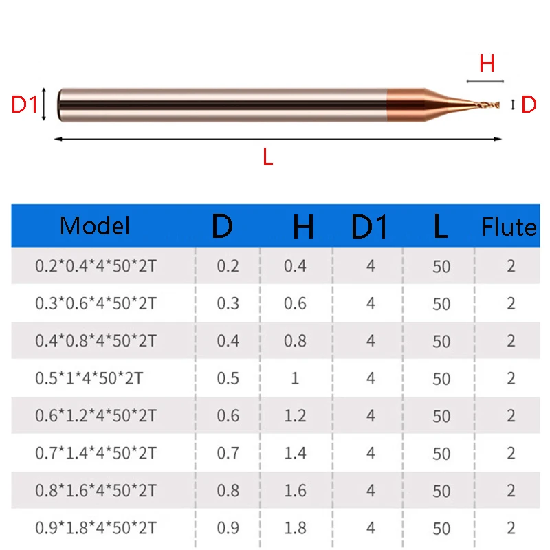 SENO HRC55 Micro Carbide End Mill 2 Flutes 0.2-0.9mm TiAIN Micro Flat 4mm Shank Milling Cutter Mirco Carbide CNC Engraving Bit