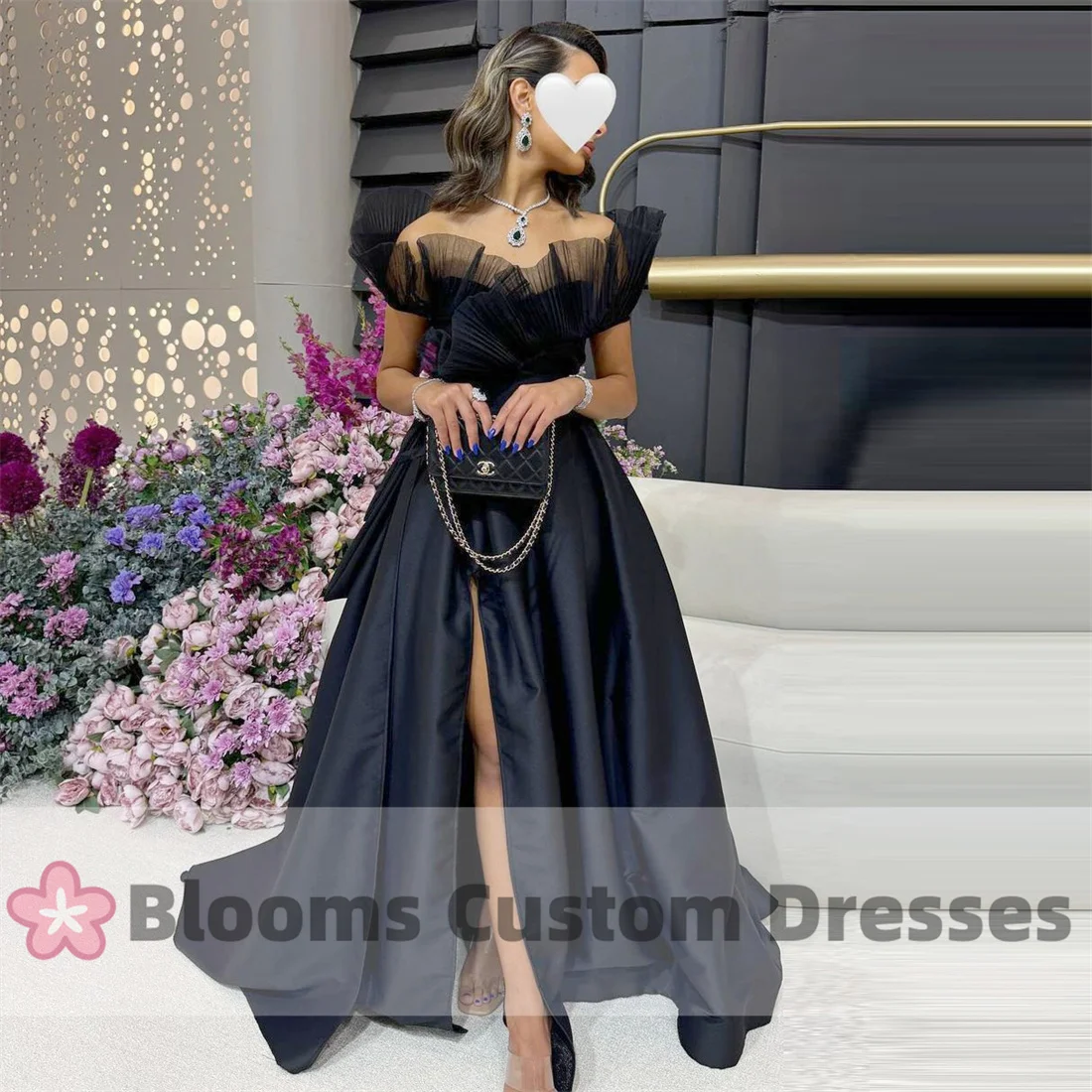 Blooms Black Pleated Organza Off Shoulder Satin Evening Dress A-Line Side Slit Prom Dress Customized Formal Party Gown