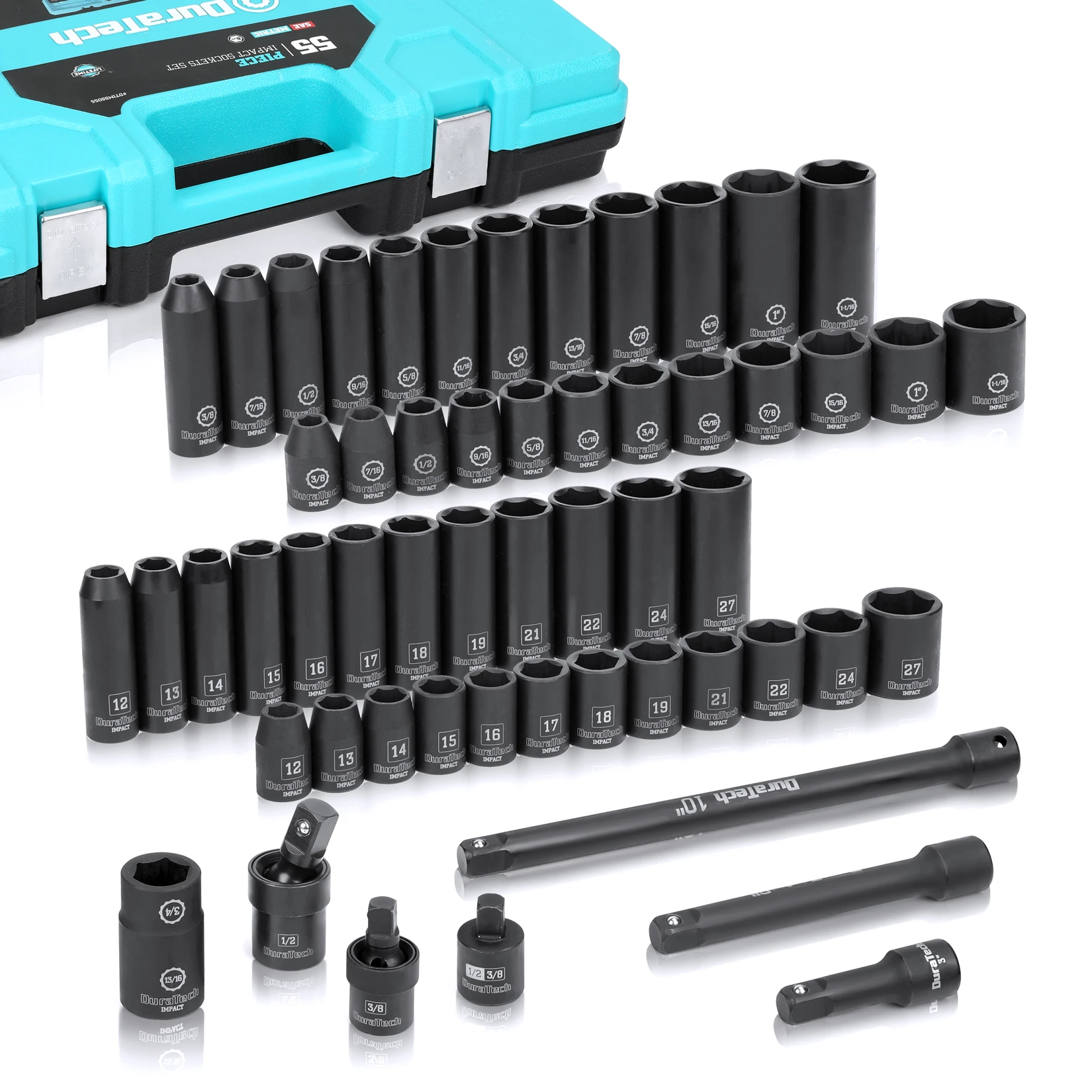 DURATECH 55Pcs Socket Set, 1/2’’ & 6 Point Impact Socket Set, 7 Accessories included, 24 Both Standard Impact Sockets and Dee