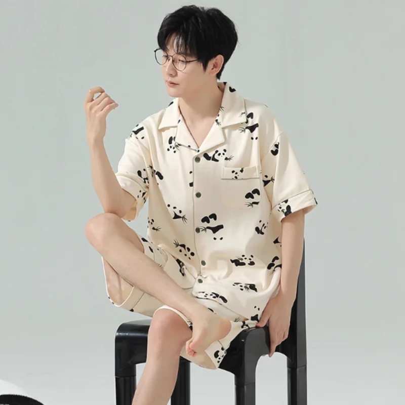 

﻿Cute Cartoon Pure Cotton T-shirt Shorts Pajamas Suit Men Loose Casual Homewear Outdoor Wearable Comfortable Soft Spwear Set﻿