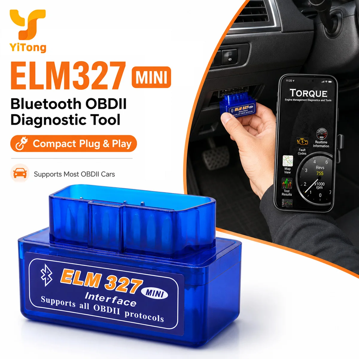 Yitong Bluetooth ELM327 OBDII Scanner Mini Vehicle Diagnostic Tool Engine Fault Code Reader Auto Accessories Tool Adapter
