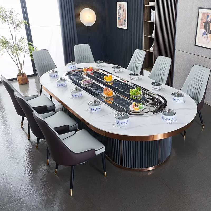 Dining table rectangular induction cooker table integrated oval rotating electric rotary hotel high-end