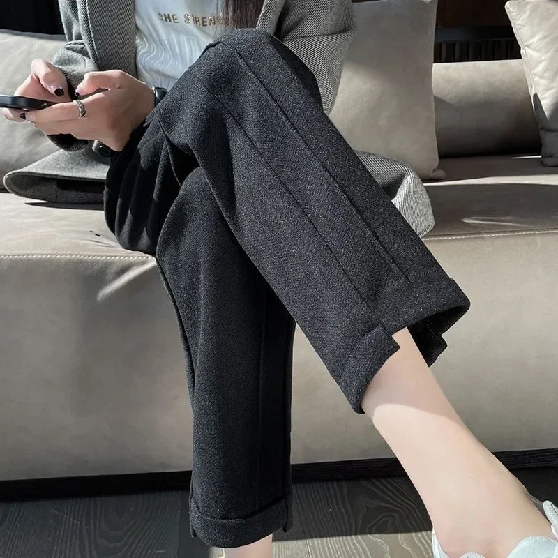 ارتفاع الخصر مستقيم الساق السراويل الصوفية المرأة الخريف الشتاء تنوعا فضفاض التخسيس إخفاء حجم صغير تسعة أنبوب السراويل