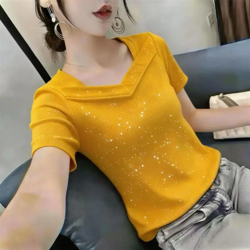 Sequined Plus Size Short Sleeve All-match Tops Tees Summer New Youth V Neck Street Casual T Shirts Fashion Trend Women Clothing