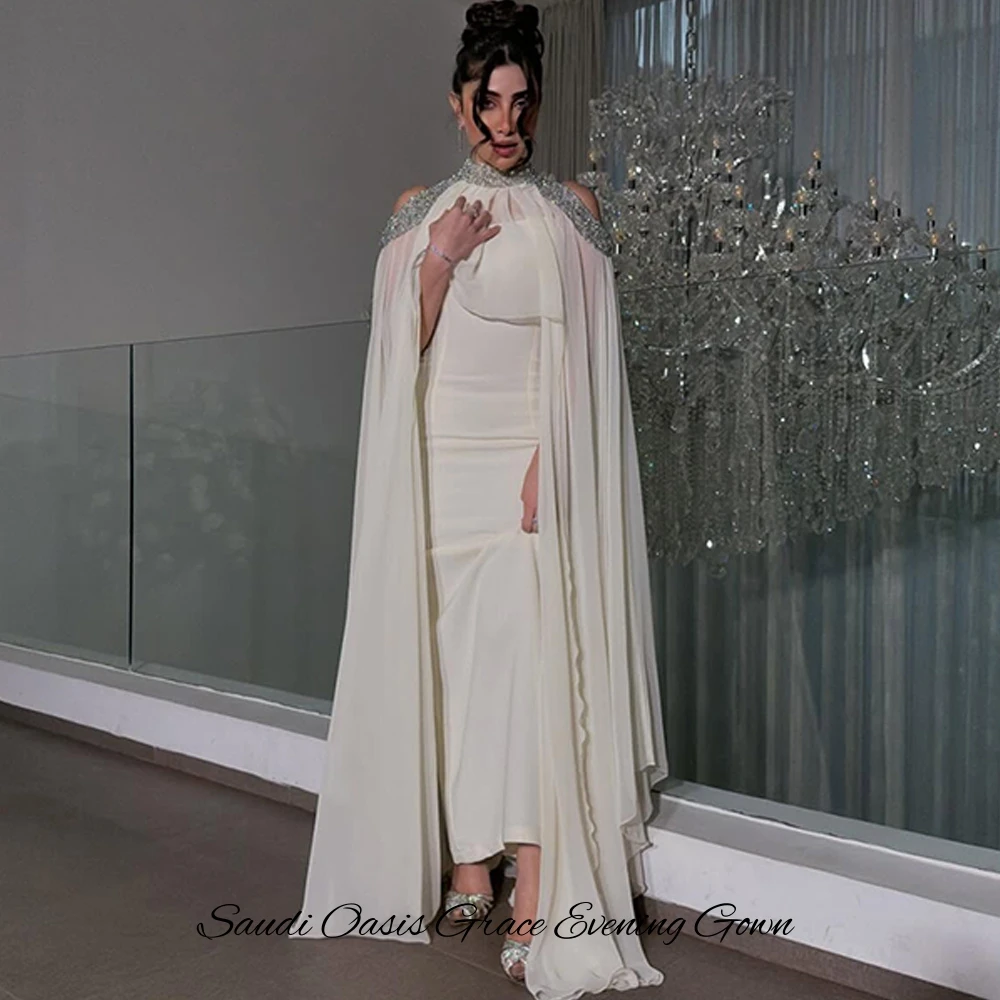 High Quality Satin Sleeveless Celebrity Gowns with Shawl Elegant Mermaid Vestido De Festa Delicate Crystal Customized Prom Dress image 5