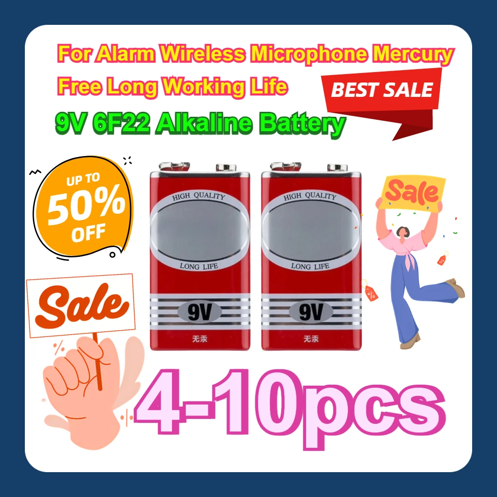 

4-10pcs For Alarm Wireless Microphone Mercury Free Long Working Life 9V 6F22 Alkaline Battery