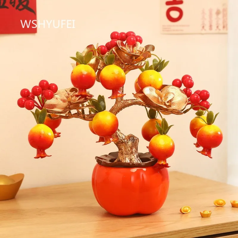 Persimmon Fruit Tree Ornament with Red Berries Golden Leaves Chinese Style Plastic Desktop Decor for Home Living Room