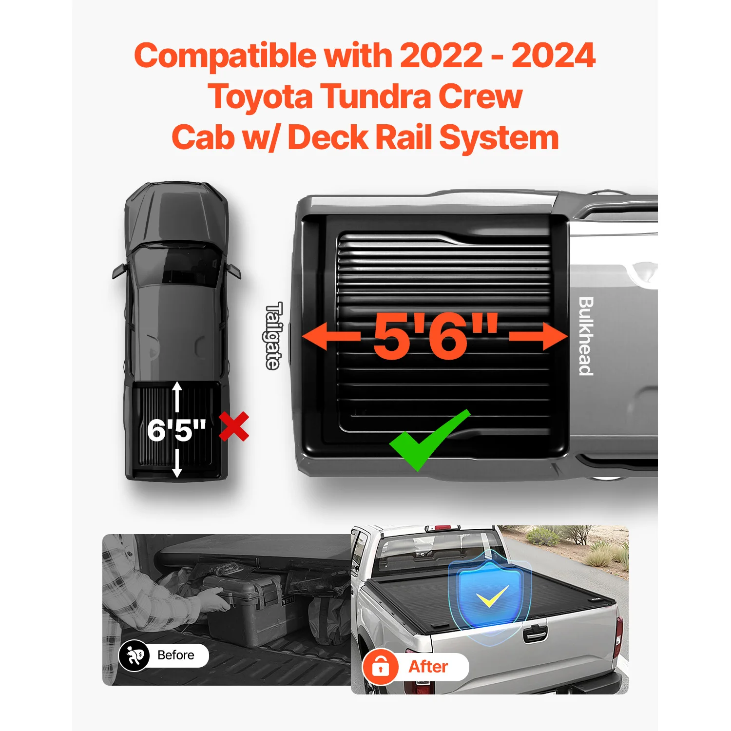Retractable Tonneau Cover, 5.5 ft Hard Tonneau Cover with Built-in Drainage Pipe for 2022 - 2024 Toyota Tundra Crew Cab w/ Deck Rail System, Hard Tonneau Cover with Double-Lock & T-Slot