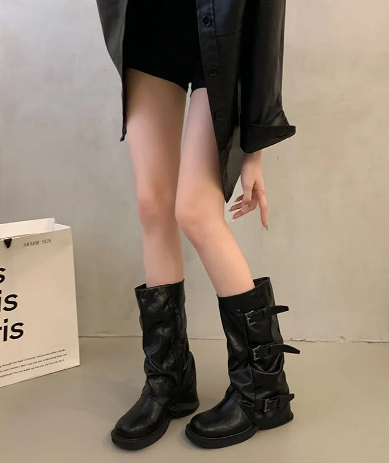 Runde Lederriemen-Schnallenstiefel für Damen - Frühjahr/Herbst neuer Stil, Retro schwarze Denim-Stiefel, Ritterstiefel, schlanke halbhohe Stiefel – Detail 6