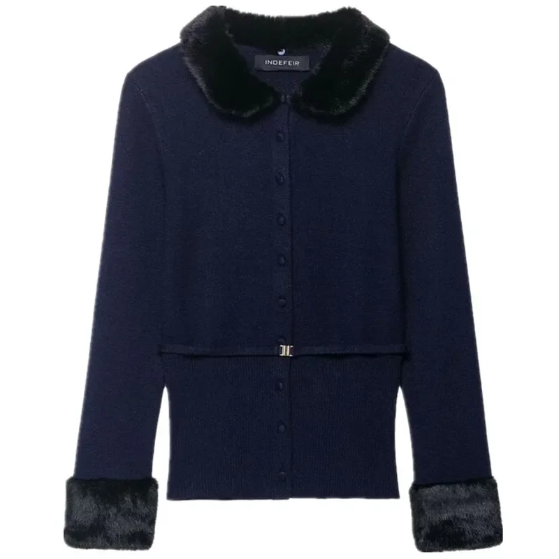 

2025Fall New Women's Knitted Outerwear Artificial Fur Effect Splicing Long Open Cardigan