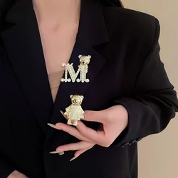 Letter M Bear Brooch Pin for Women Light Luxury Inlaid Rhinestone Brooch Women's Men's Fashion Suit Pins Accessories for Party