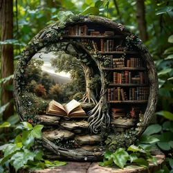 Flat Print Library and Books Themed Round Aluminum Sign, for Apartment Living Room, Wall, Home Decor, Family Friends Gifts, 2D