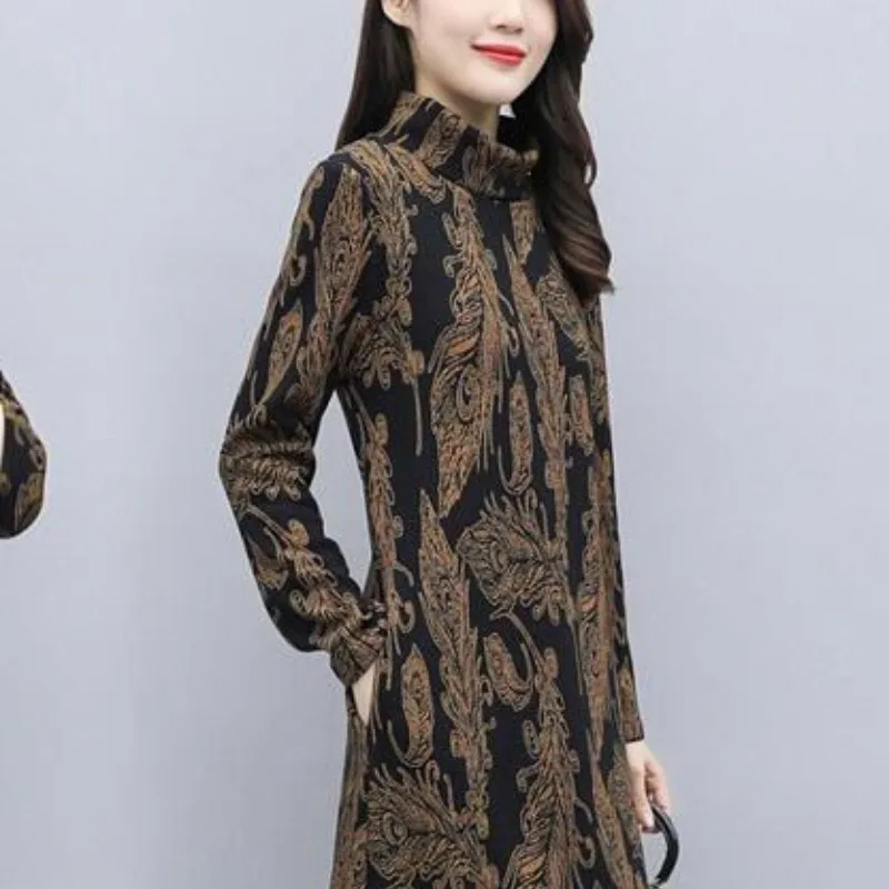 2023 Women's Autumn Winter New Fashion Simple Round Neck Printed Pocket Casual Versatile Long Sleeve Loose Medium Length Dress