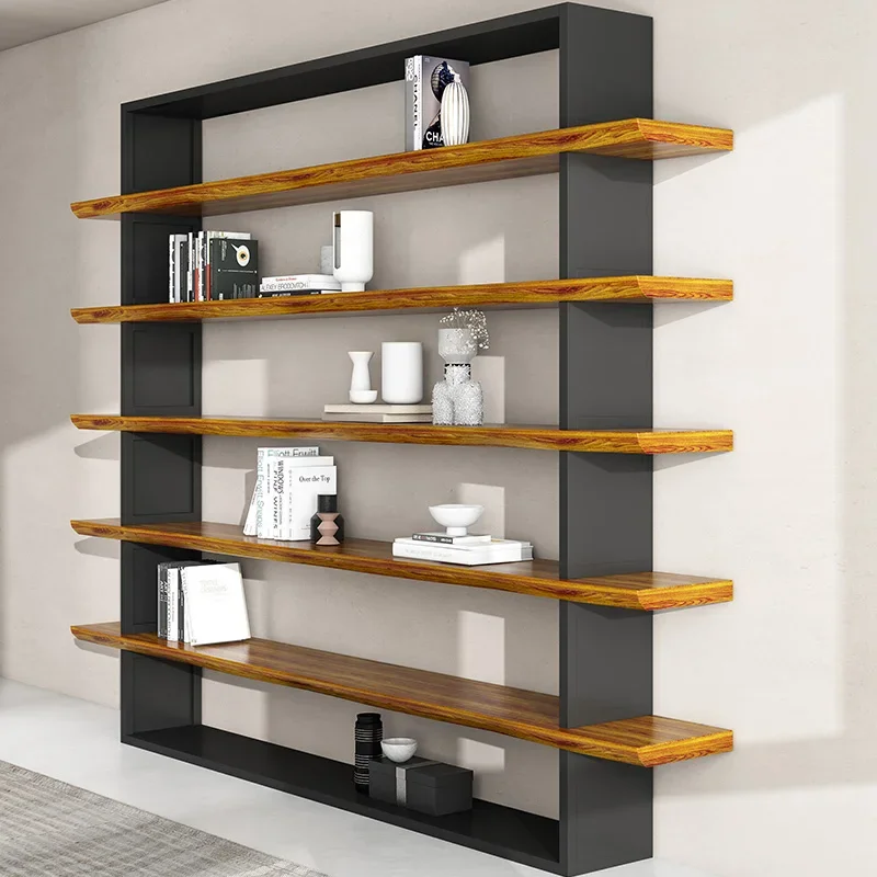 Solid wood bookshelf wall, living room tea room shelf, multi-layer floor-to-ceiling office display bookcase integrated