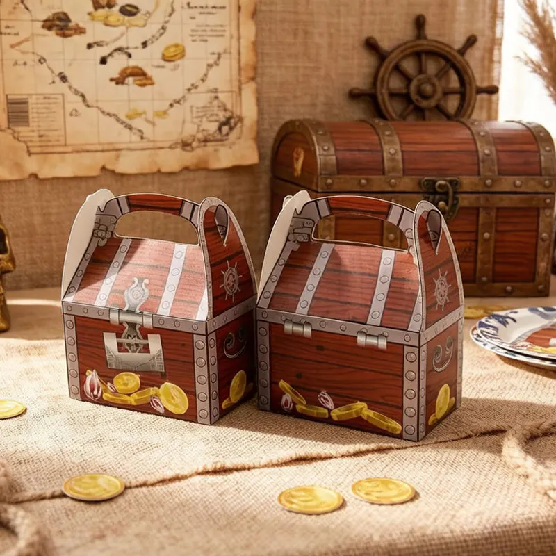 Pirate Treasure Chest Treat Box Paper Cardboard,Decoration Party Favor Goodie Candy Box Grab Bag,Fun Treasure Chest Treat Boxes view 5