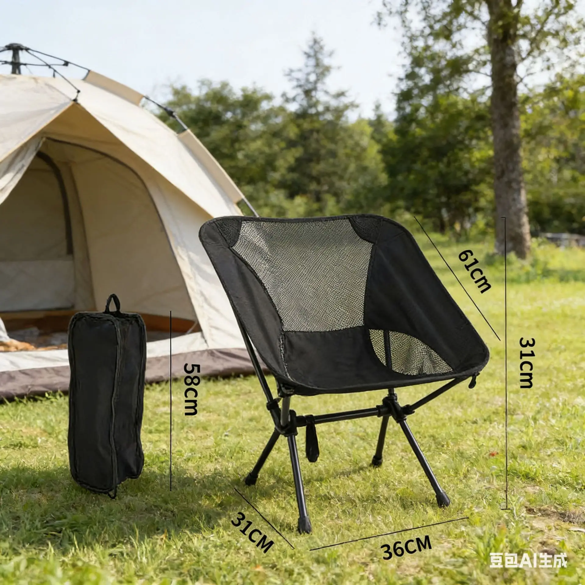 Portable Folding Moon Chair with Breathable Mesh Backrest, Camping Picnic Fishing Art Sketching Stool