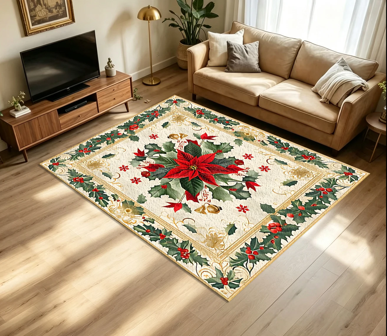 Vintage Red Flower Amaryllis Christmas Gold Frame Carpet, Non-Slip and Washable Floor Rug, Suitable for Holiday Home Decoration