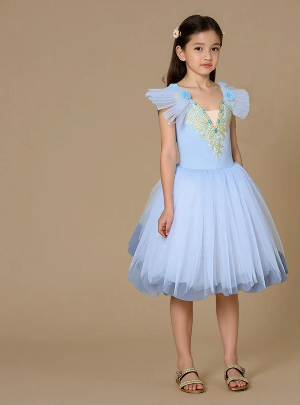 

Детское балетное платье, платье с пышными рукавами для девочек, наряд для выступлений, новое шифоновое платье в стиле бретельки, детский танец