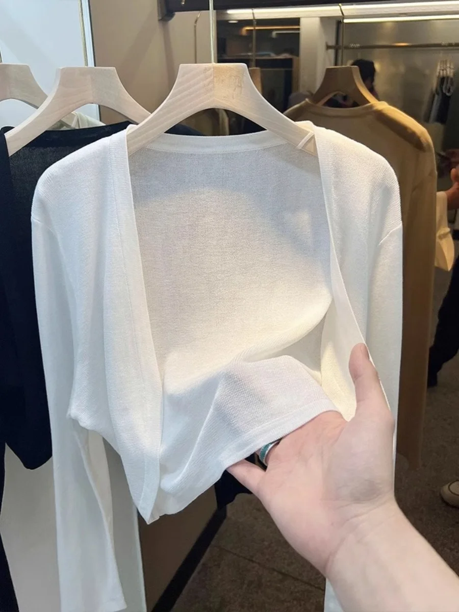 

White ort Ice Silk Knitted Sun Protection Cardigan Women's Thin Summer Strap Dr Outer Thin Veil Coat Air Conditioner Cov...