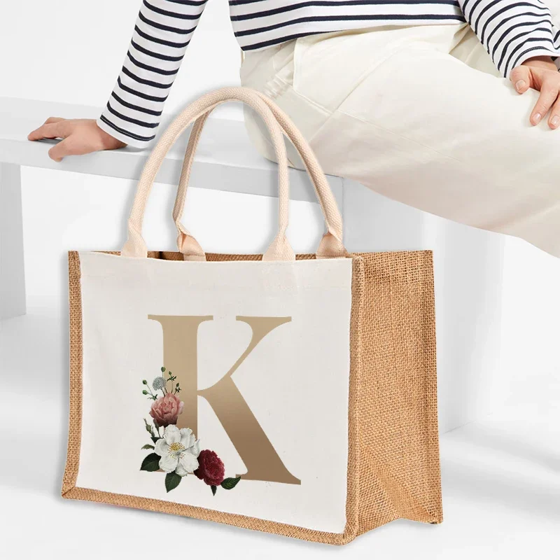 

A To Z Letter Print Women Shopping Bag Burlap Handbag Reusable Beach Jute Tote with Handle Large Capacity Sundries Storage Bag