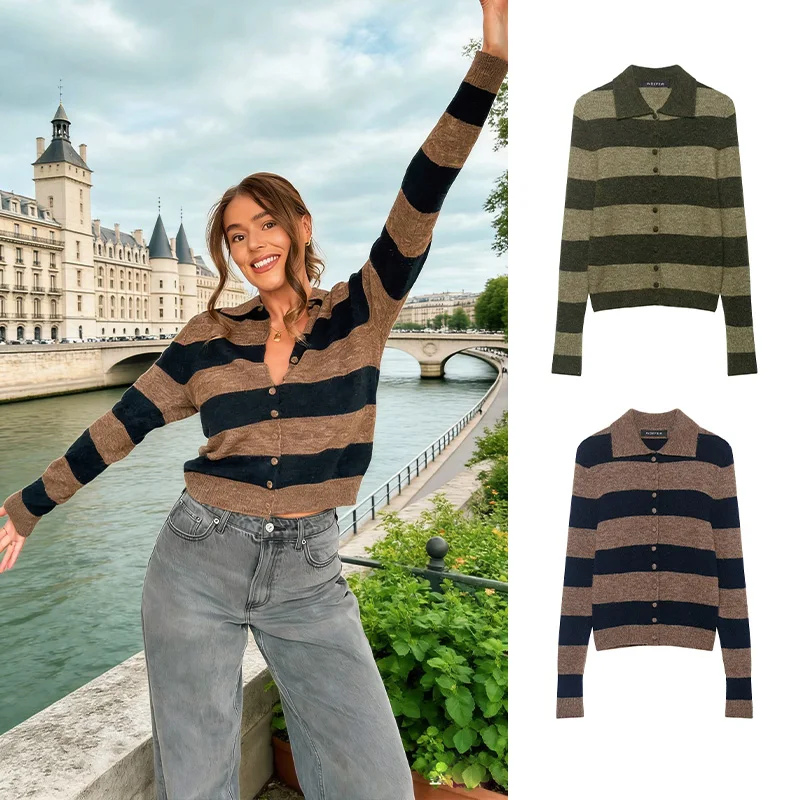 HH 2026 Damen Braun Gestreifter Strickpullover mit Polokragen, Langarm, Cropped-Sweater, Vielseitiges Schickes Streetwear-Oberteil, Lässiger Pullover