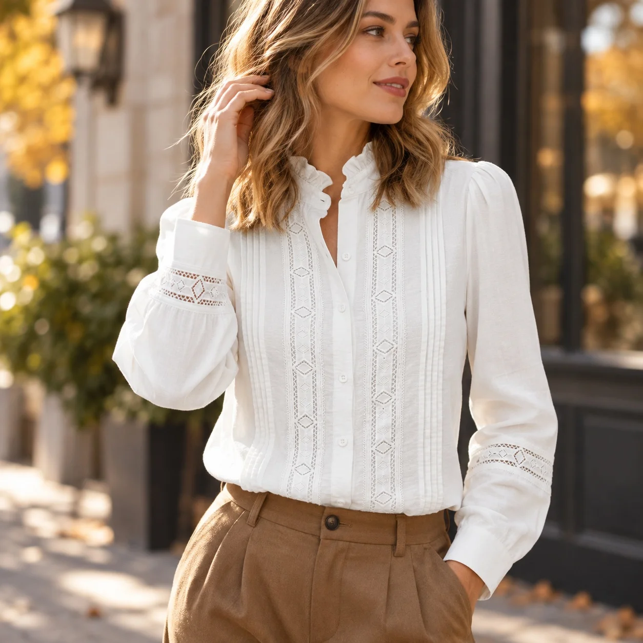 Patchwork Stand Collar Skirt Loose Fit Elegant Commuter with Long Skirt Regular Sleeve No Stretch Autumn Women Commuter Blouse