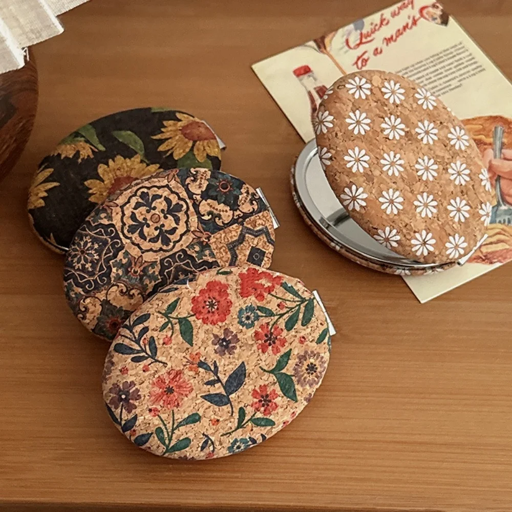 Espelho de maquiagem de cortiça compacto dobrável espelho de vaidade dupla face espelho de maquiagem cortiça para meninas saco de viagem de mesa