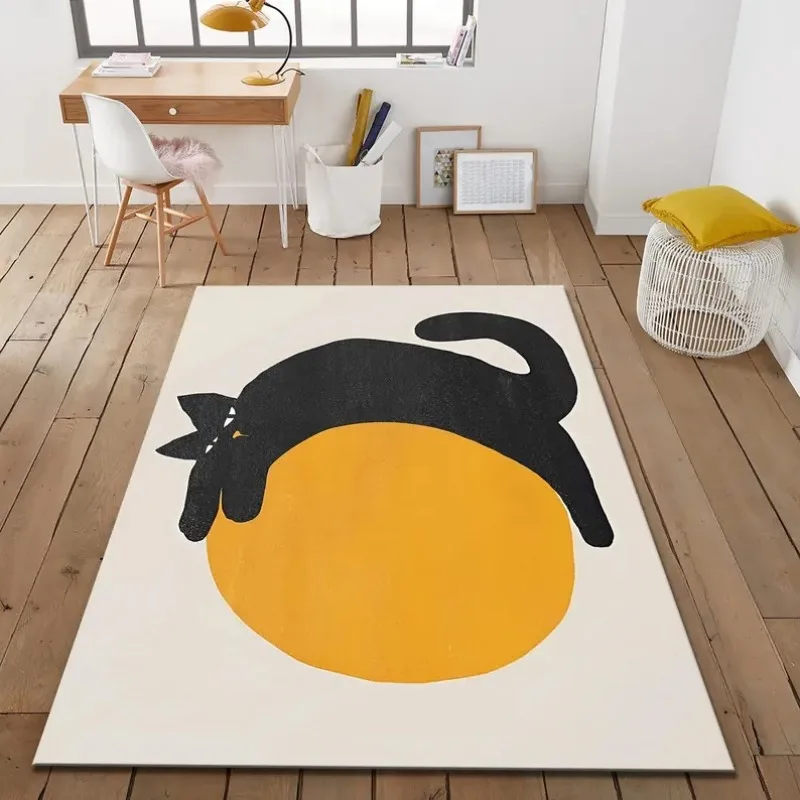 Alfombra minimalista con forma de gato, fondo circular naranja, arte moderno, antideslizante, duradera, decoración del hogar, alfombra para el suelo de la sala de estar