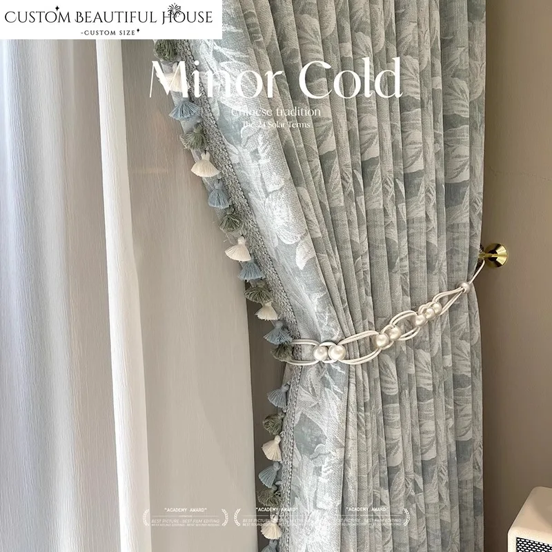 Luxury Light French Aqua Lily Chenille Retro Shading Custom Size Curtains for Living Dining Room Bedroom Elegant Door Decor
