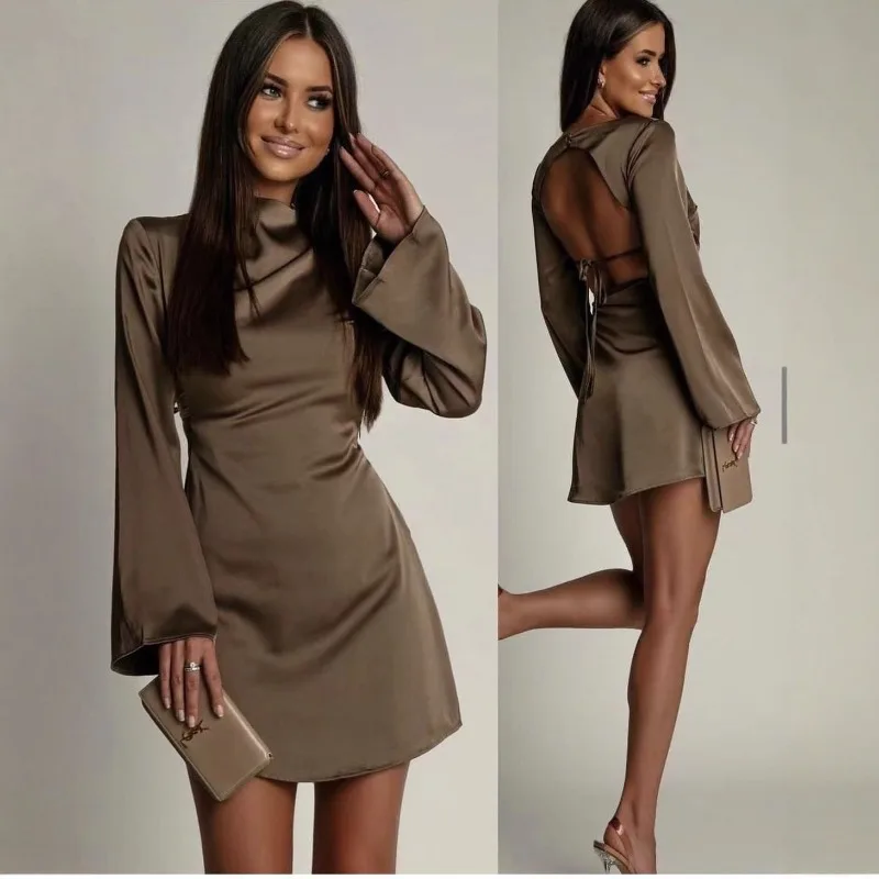 秋の女性用サテンパーティードレス、セクシーなロングフレアスリーブ、コルセットバックレス、カクテルゲスト用Aラインミニドレス、社交界のガウン