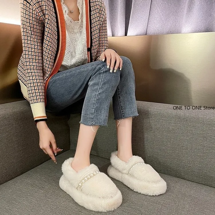 Shoes Woman 2025 On A Wedge Cover Toe Slippers Heels Pantofle Platform Fur Flip Flops Luxury Slides Flock High New Soft Plush