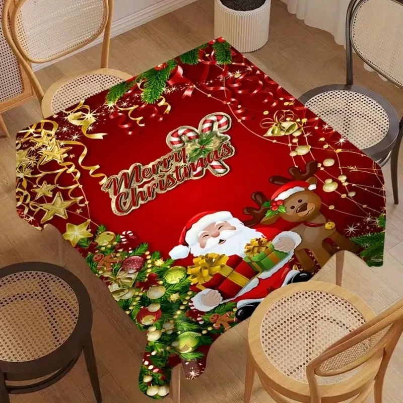 Christmas red tablecloth, decorated with patterns of Santa Claus and reindeer, suitable for festive family gatheringszyc