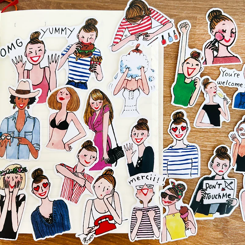 23Pcs DIY Waterproof Cute Stationery Stickers with Hand-Drawn Paris Fashion Girl for Daily Life, Planner, Journal Decoration