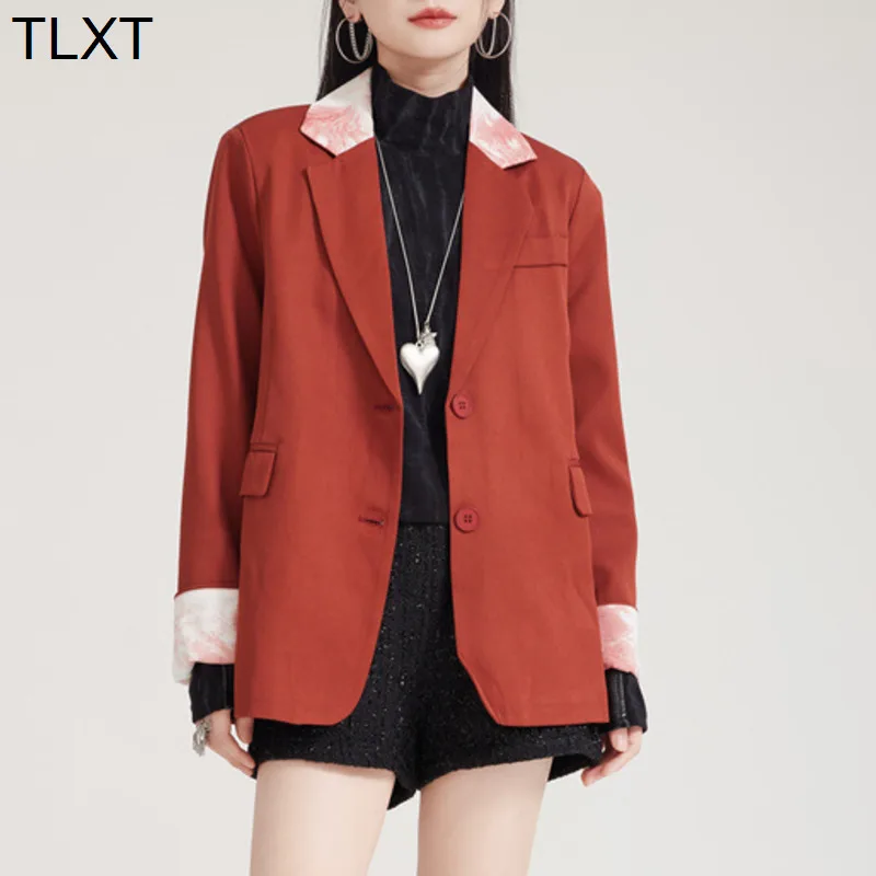 

TLXT женские пиджаки контрастного цвета с принтом, однобортные элегантные пиджаки с зубцами, женские пальто, новинка весны 2024, XK1026