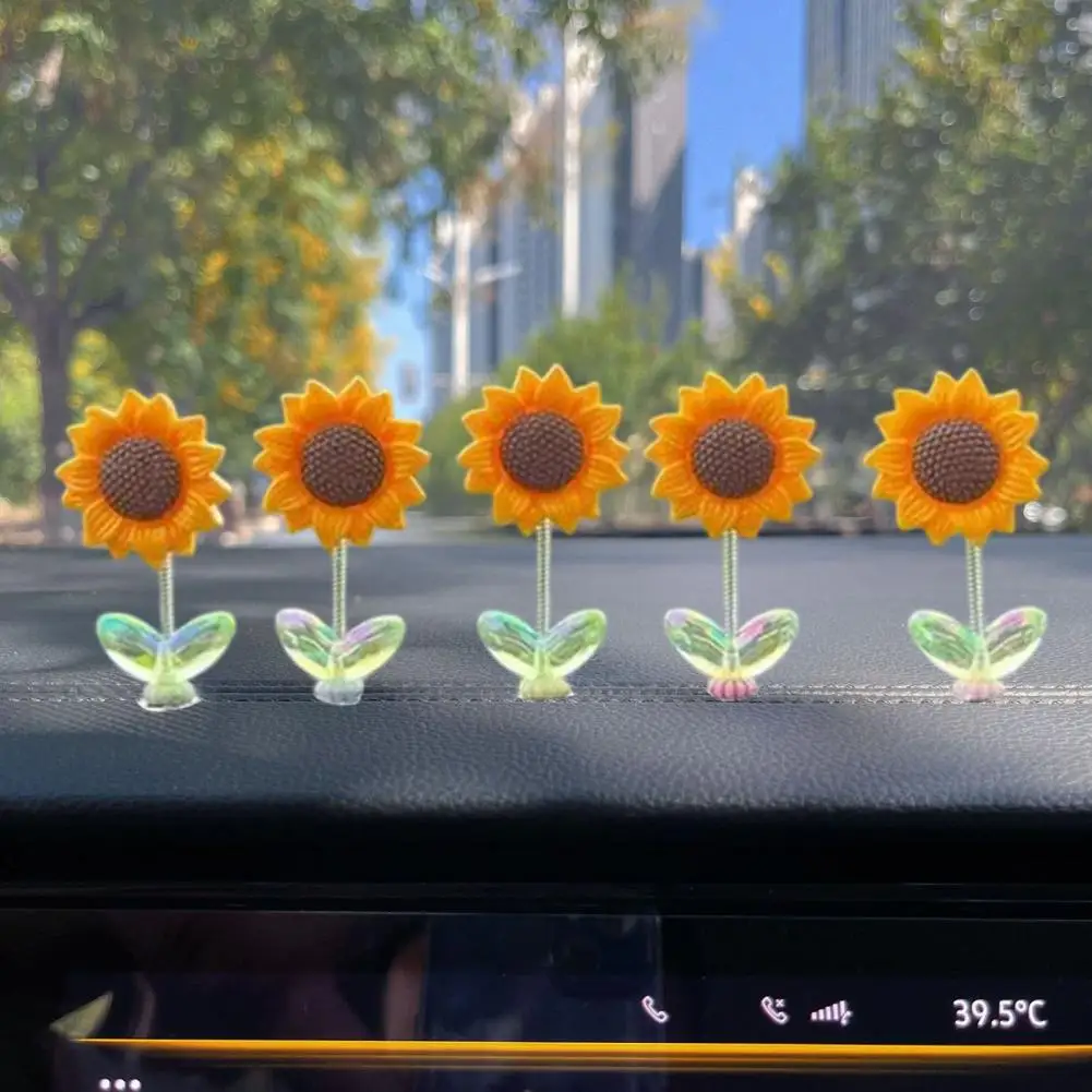 Dashboard Ornament for Women 5pcs Sunflower Car Dashboard Decor Set Resin Spring Wobbly Flower Ornaments with for Office