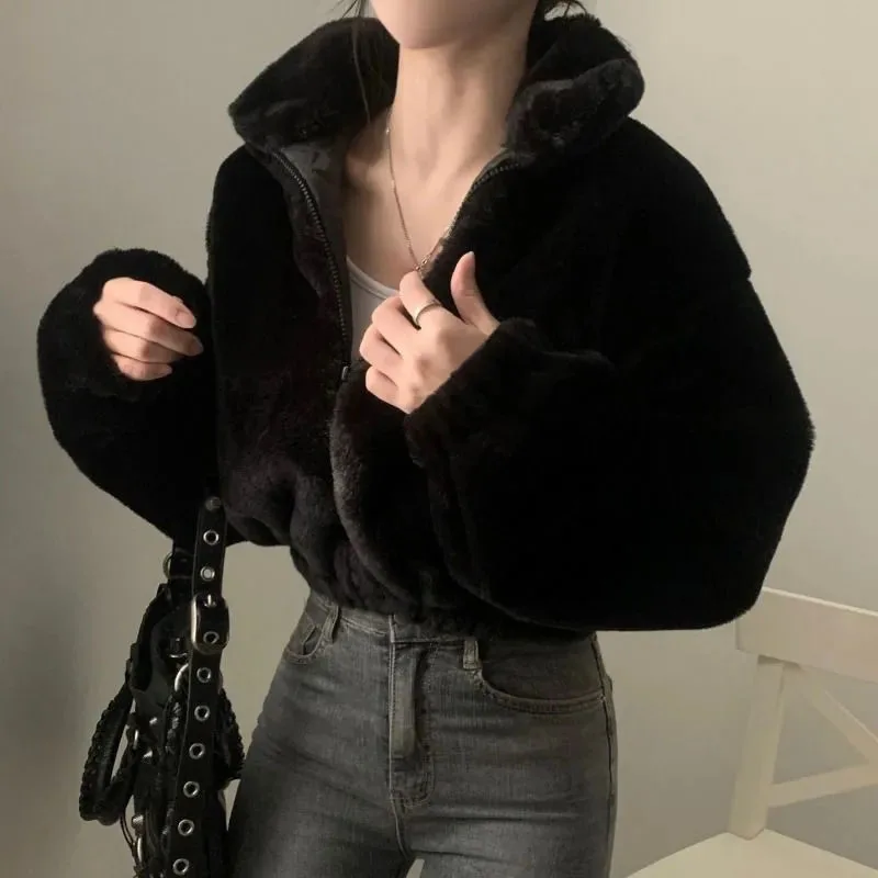 Cropped Faux Fur Jacket Coat Women Vintage Streetwear Stand-up Collar Rabbit Fur Outerwear Autumn Winter Thick Warm Plush Jacket