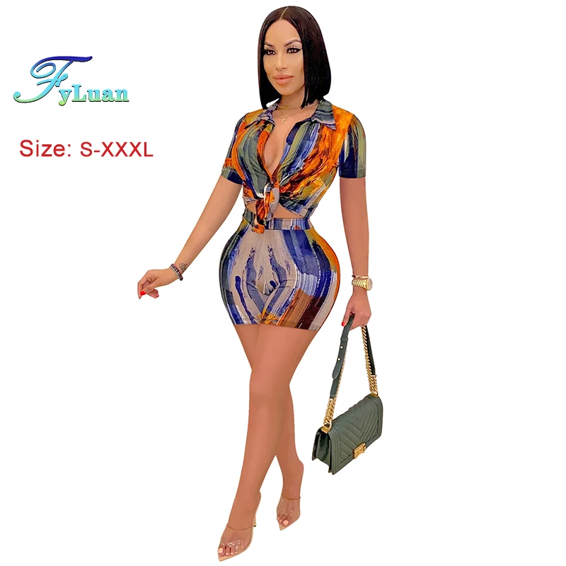 

Fashion Women Shorts Sets Printing Deep V Neck Short Sleeve Shorts Two-Piece Sets Casual Turn Down Collar Slimming Female Sets