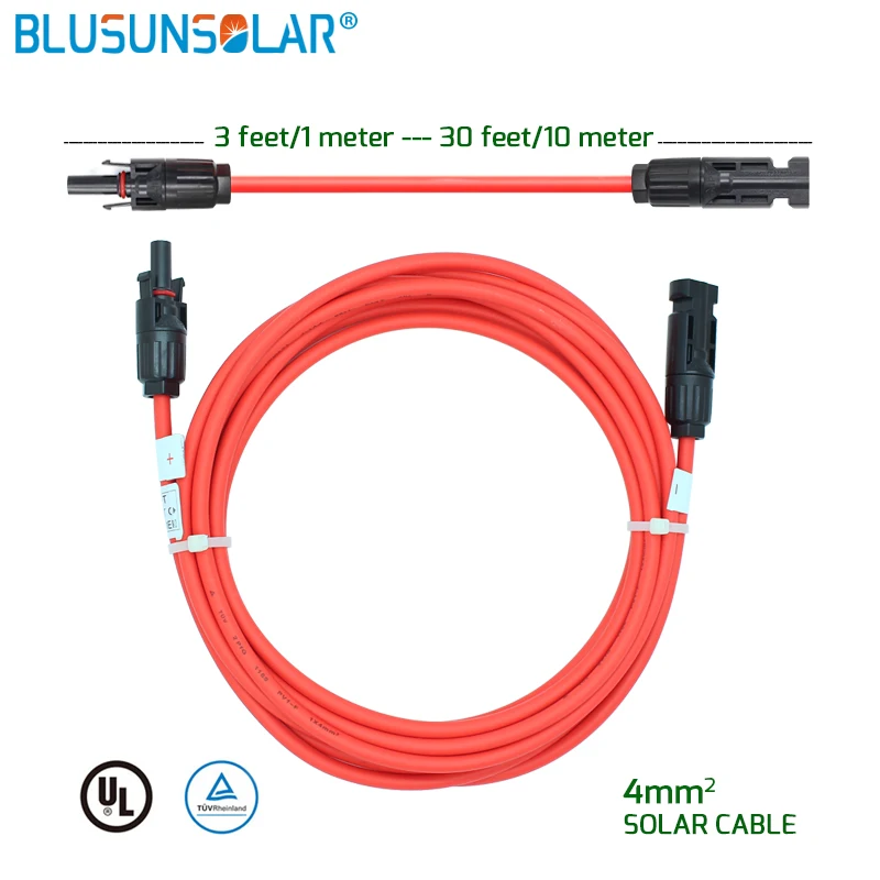 1 Pcs/lot 1-4 Meters Black/Red Power Solar Extension Cable 4.0mm2/12AWG with SOLAR DC Connector Used In Solar Panel System