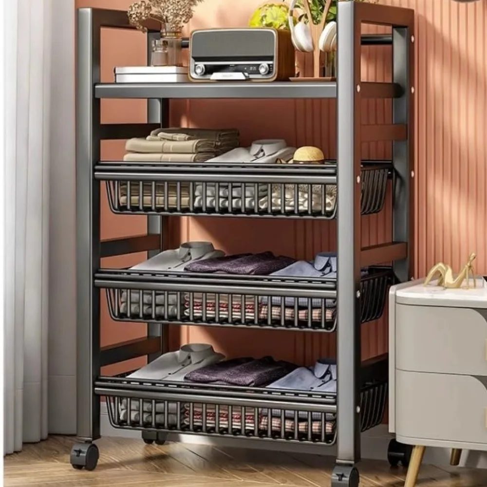 Multi-Layer Kitchen Storage Basket Floor Rack Microwave Shelf Cart Movable Pot Rack Room Trolley Storage Basket Kitchen Trolley