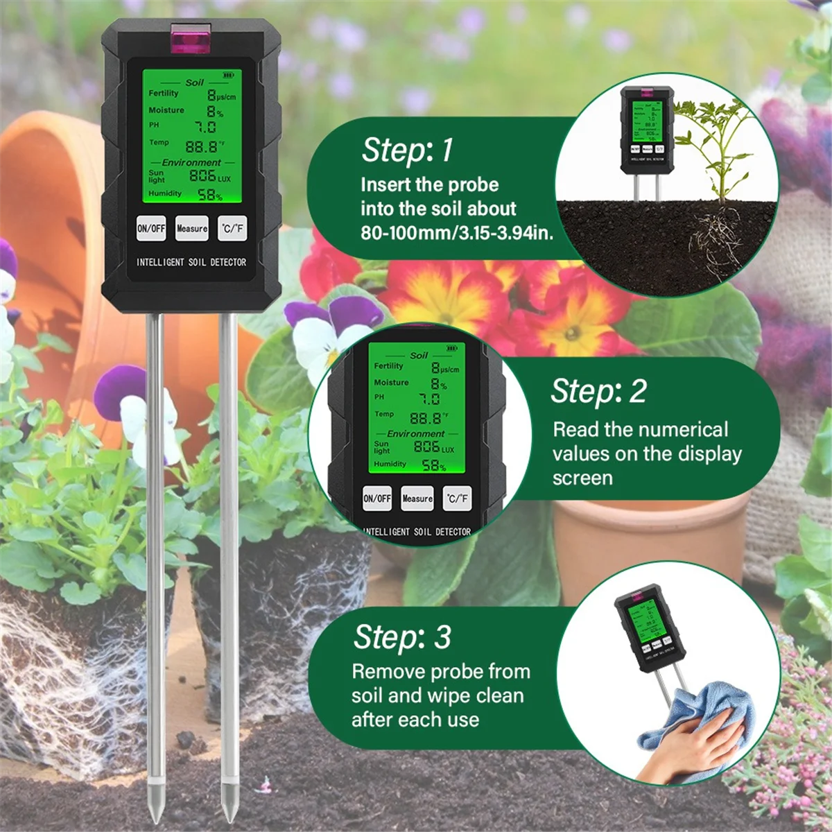 ABKO-6 in 1 Multifunctional Soil Tester Soil Fertility PH Temperature Humidity Sunlight Air Moisture Detector for Gardening