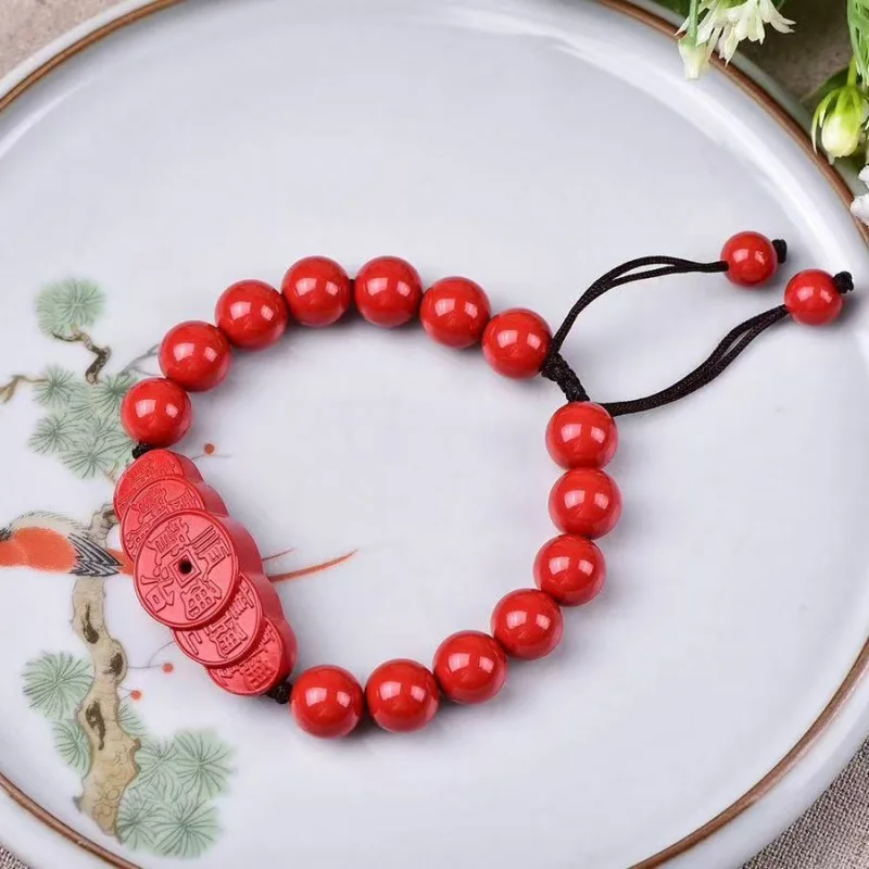 High-content natural premium red sand Five Emperors coin bracelet with charm