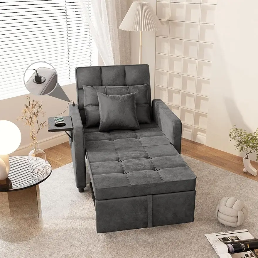

Sofa Bed Chair with Wing Table and USB Ports Outlet, Sofa Chair Bed w/ Two Pillows, Velvet Sleeper Chair w/ Adjustable Backrest