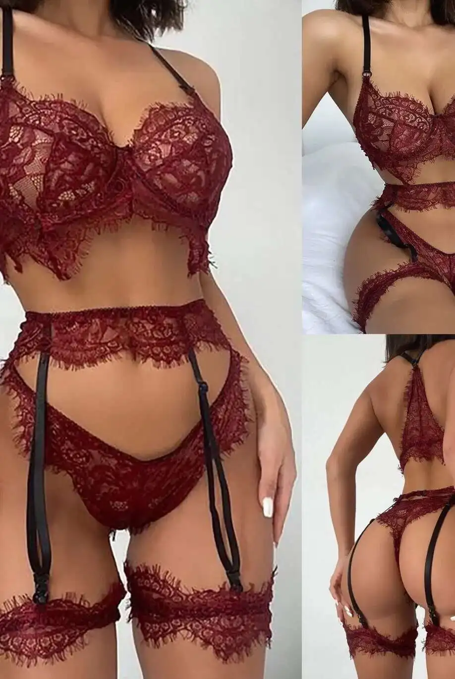 Conjunto de ropa interior divertida de una pieza de tres puntos con encuadernación de encaje para mujer, bikinis, traje de baño, bikini de cintura alta 5XPC